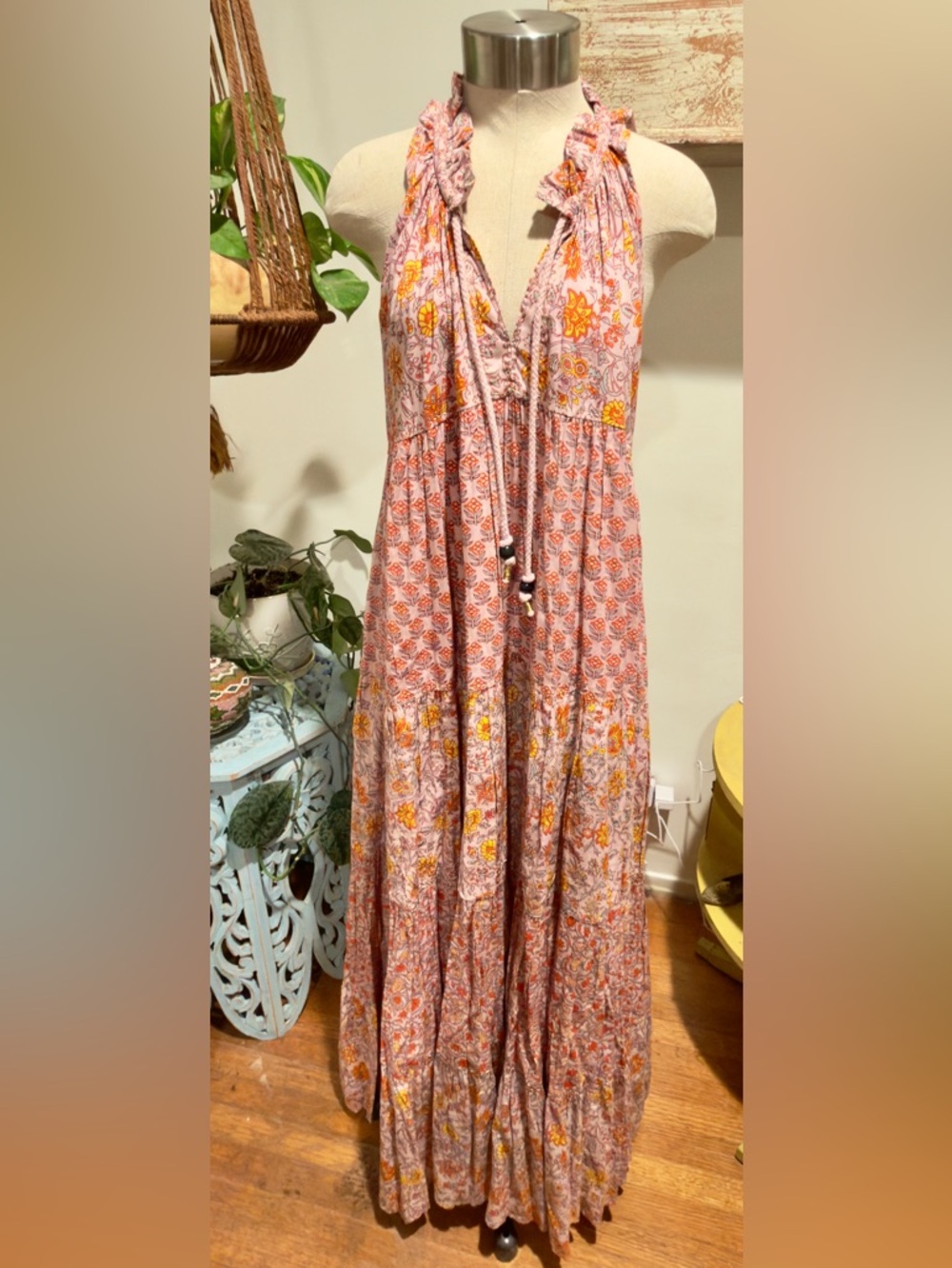 Anthropology Floral Tiered Maxi Dress in Pink and Yellow